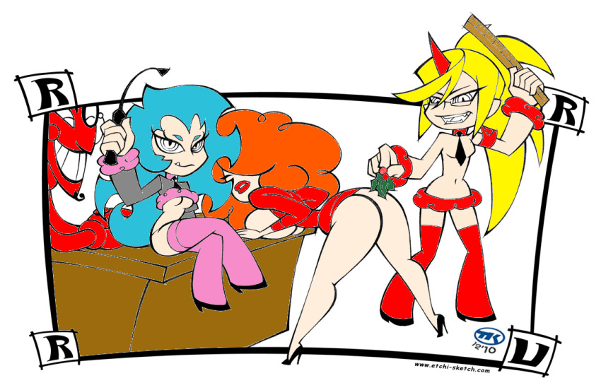 blue_hair curly_hair him horn kneesocks_daemon panty_&_stocking_with_garterbelt powerpuff_girls redhead sara_bellum scanty_daemon tagme turk128