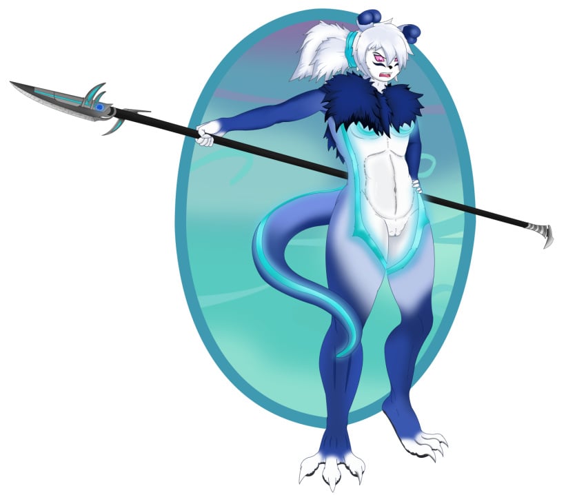 2019 angry anthro auroralumbule blue_body blue_fur blue_hair breasts canid canine claws clitoris dorukolorukalai eyebrows female fur glaive glowing hair hi_res long_hair mammal markings meera_thufoi melee_weapon nude open_mouth pink_eyes polearm portal pussy solo teeth tongue weapon white_body white_fur