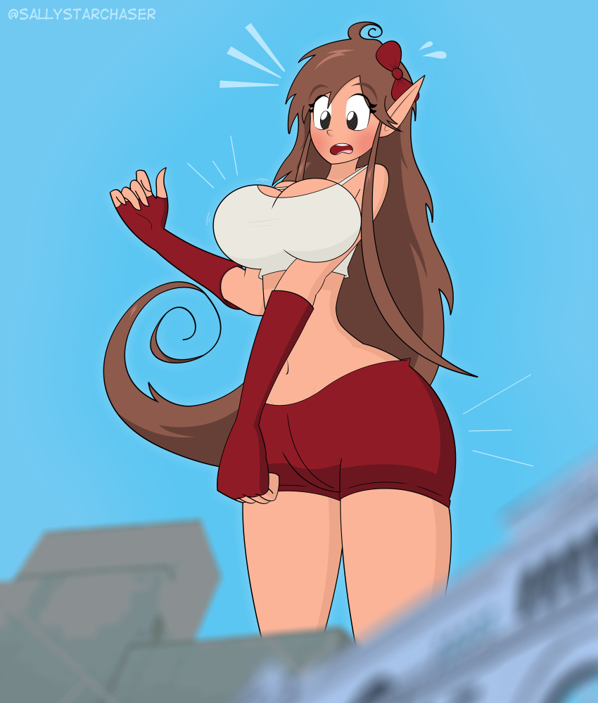 big_breasts breasts brown_hair cute elf embarrassed fusion giantess growth long_hair potion potion_partners salina_moonchaser sally_starchaser thighs