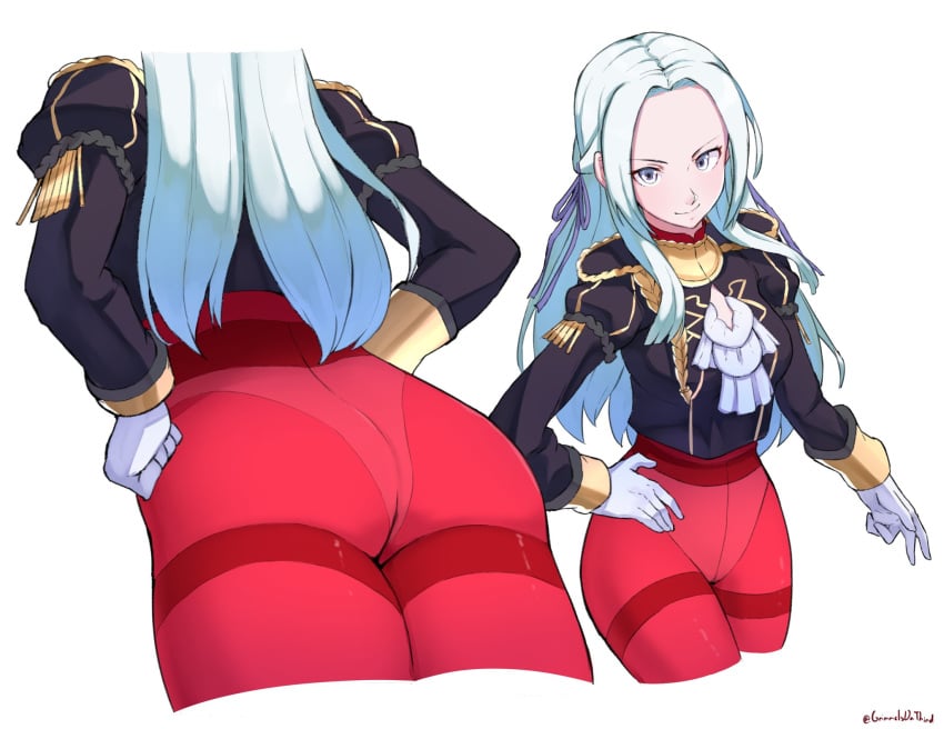 ass big_ass edelgard_von_hresvelg eye_contact fire_emblem fire_emblem:_three_houses gloves grimmelsdathird hand_on_hip hands_on_hips looking_at_viewer nintendo panties pantyhose purple_eyes red_legwear see-through_bottom white_gloves white_hair