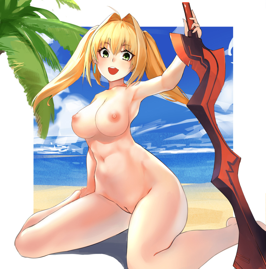 :d aestus_estus ahoge barefoot beach big_breasts blonde_hair blue_sky blush border breasts cloud day earrings fate/grand_order fate_(series) feet female female_only green_eyes hair_intakes high_resolution horizon jewelry large_breasts looking_at_viewer navel nero_claudius_(fate) nero_claudius_(swimsuit_caster) nipples nude open_mouth outdoors outside_border palm_tree sitting sky smile solo sword tani_wataru tied_hair tree twintails uncensored vagina very_high_resolution wariza weapon