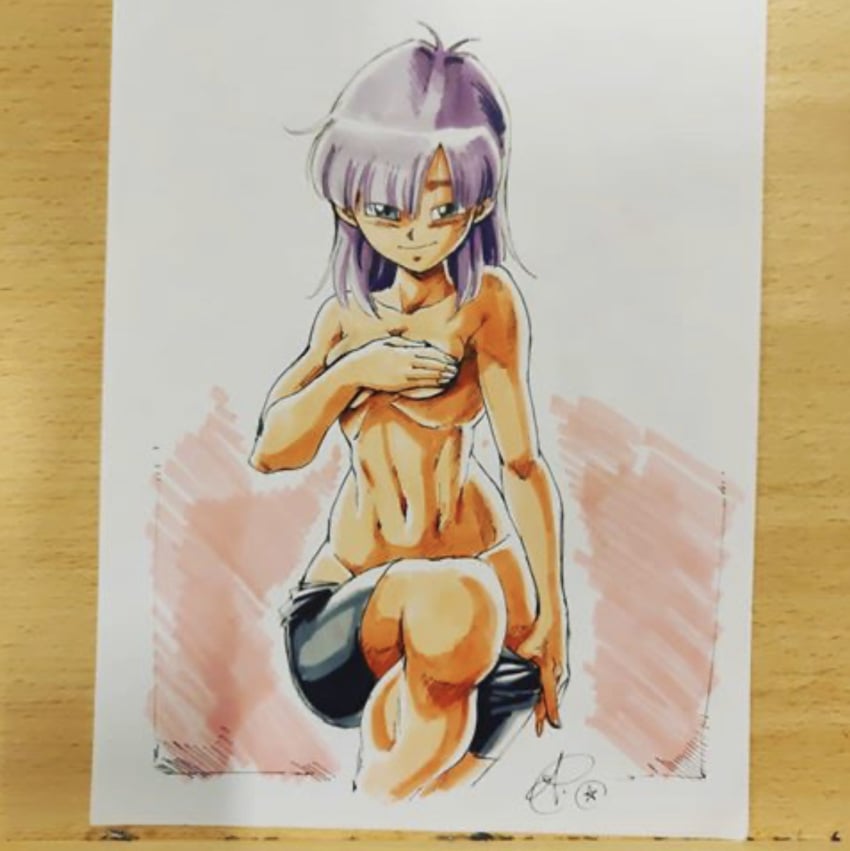 dragon_ball dragon_ball_multiverse dragon_ball_z hands_over_breasts purple_hair shorts smirk son_bra topless