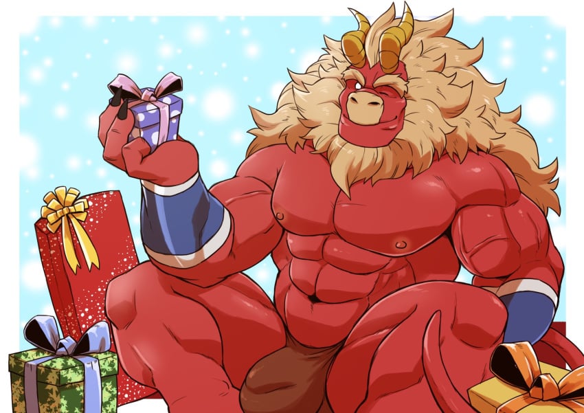 2019 4_fingers abs beard biceps big_bulge big_muscles black_claws bulge christmas claws clothed clothing demon eyebrows facial_hair fingers gardie_(otukimi) hair holidays horn loincloth male male_only muscular muscular_male nipples one_eye_closed othukimi pecs pink_nipples red_body red_skin sitting solo tan_hair thick_eyebrows topless veiny_muscles white_eyes wink wristband yellow_horn