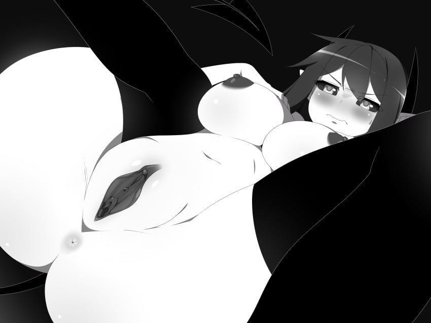 2018 ass black_horns black_sclera blush breasts demon_girl demon_horns demon_tail exposed_pussy grey_eyes iryanic looking_at_viewer original_character pussy spread_legs succubus tail thighhighs white_body