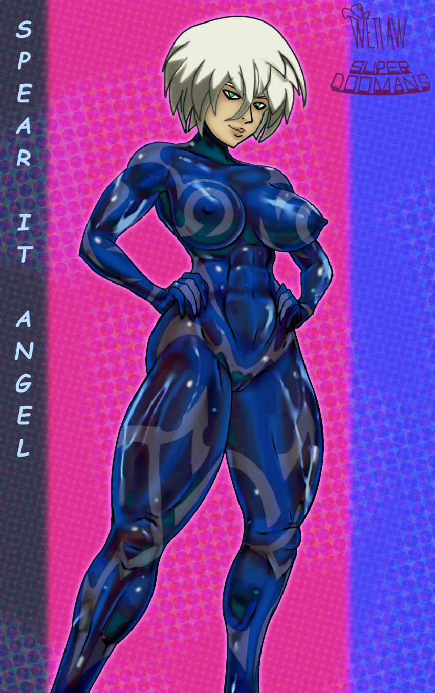 abs ass big_arms big_breasts blonde_hair bodysuit breasts cameltoe female green_eyes hero heroine horsecopter_x latex latex_suit muscles muscular muscular_female nipple_bulge pokies shiny shiny_clothes shiny_suit skin_tight spear_it_angel suit super_doomans superdoomans superdoomans_(wetlaw) superheroine thick_thighs tight_clothes tight_clothing tribal_markings wetlaw white_skin