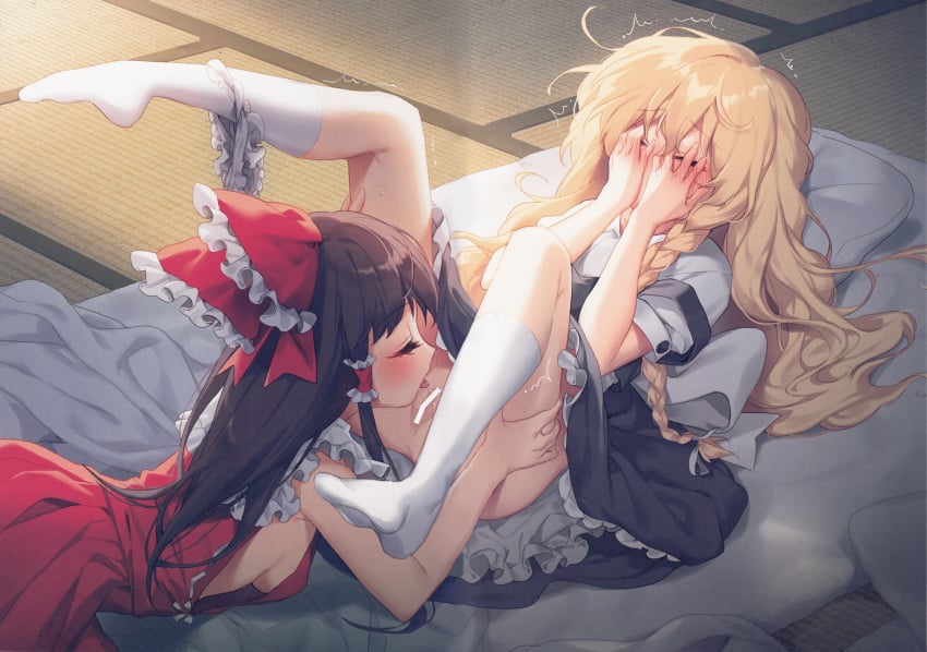 2girls ^_^ absurdres bar_censor bare_arms bare_shoulders black_hair black_skirt black_vest blonde_hair bloomers bloomers_(victorian) bloomers_around_one_leg blush bow braid breasts censored closed_eyes covering_face cunnilingus embarrassed frilled_bow frilled_shirt_collar frills futon hair_ribbon hairbow hajin highres huge_filesize indoors kneehighs legs_up licking long_hair lying marisa_kirisame medium_breasts multiple_girls no_hat no_headwear nose_blush on_stomach oral petticoat pillow pussy red_bow red_shirt red_skirt reimu_hakurei ribbon scan shadow shirt single_braid skirt skirt_set sleeveless sleeveless_shirt stitched tatami thighs third-party_edit tongue tongue_out touhou twitching underwear vest white_bloomers white_legwear white_ribbon white_shirt yuri