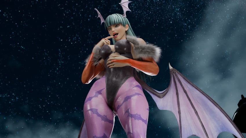 3d big_breasts breasts capcom darkstalkers female giantess implied_vore licking licking_fingers morrigan_aensland smile succubus tagme themightyhq thick_thighs tongue tongue_out vore