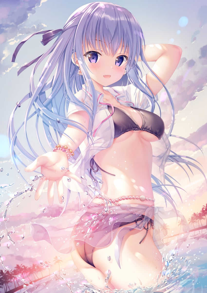 1girl ass beach bikini black_bikini blue_hair blush bracelet breasts cleavage clothes_lift cloud collared_shirt cowboy_shot hair_ornament hair_ribbon hand_in_own_hair highres hiiragi_asuka_(twinbox) horizon jewelry lens_flare long_hair looking_at_viewer medium_breasts open_clothes open_mouth open_shirt outdoors outstretched_arm palm_tree purple_eyes ribbon sarong see-through_clothes shirt side-tie_bikini_bottom sidelocks skirt skirt_lift sky smile solo sousouman splashing standing sunset swimsuit teeth thighs tree twinbox_school underboob wading water wet white_shirt