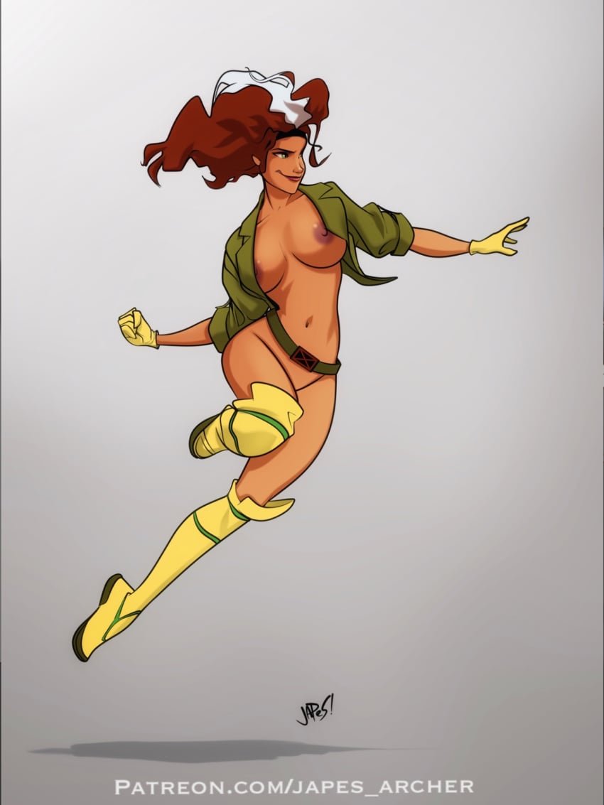 1girls anna_marie breasts breasts_out female female_only gloves jacket japes jumping marvel marvel_comics no_panties pinup rogue_(x-men) solo solo_female superheroine thigh_boots x-men