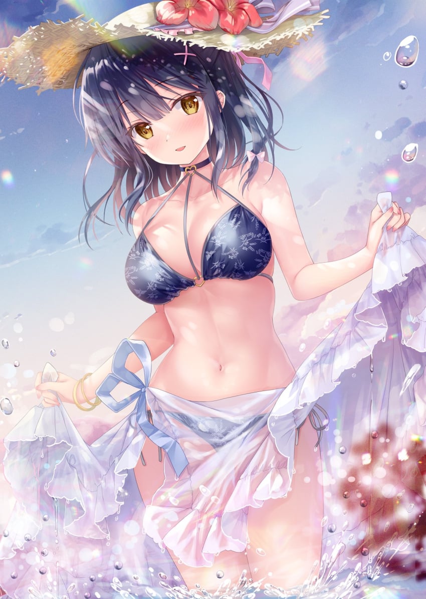 1girl bare_arms bare_shoulders bikini black_bikini black_choker black_hair breasts brown_eyes brown_hat choker cleavage collarbone day flower gradient_sky hair_ornament halterneck hat hat_flower highres large_breasts long_hair looking_at_viewer nanami_yuuno navel original outdoors parted_lips sarong side-tie_bikini_bottom sidelocks sky smile solo sousouman standing stomach straw_hat string_bikini sun_hat swimsuit thighs wading water x_hair_ornament