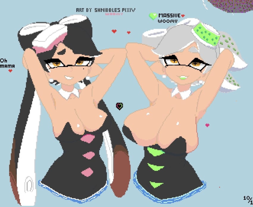 2girls arms_behind_back arms_up big_breasts black_hair breasts callie_(splatoon) cousins eyelashes female female_focus female_only gray_hair grey_hair looking_at_viewer marie_(splatoon) mole mole_under_eye nintendo pixel_art splatoon splatoon_(series) squid_sisters wplace wplace_(artwork)
