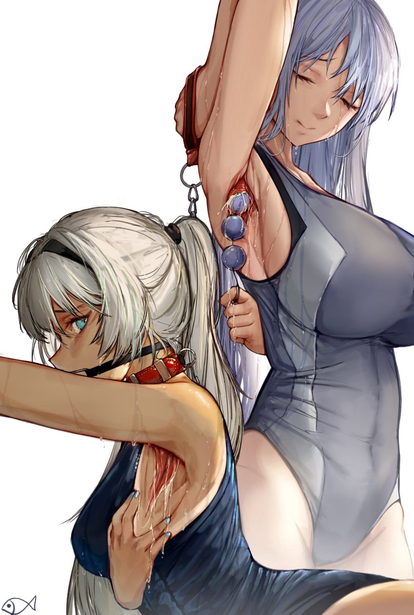 1girls ak-12_(girls'_frontline) an-94_(girls'_frontline) anal_beads armpit_pussy armpits collar gag gagged girls'_frontline iuui leash one-piece_swimsuit spread_armpit swimsuit westking wet what white_background white_hair