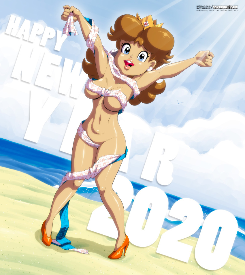 1girls 2020 areolae artist_name beach breasts brown_hair censored cloud convenient_censoring crown earrings eyebrows eyelashes hair happy_new_year mario_(series) navel nintendo nude ocean outdoors princess_daisy royalty sakurakasugano sunlight text