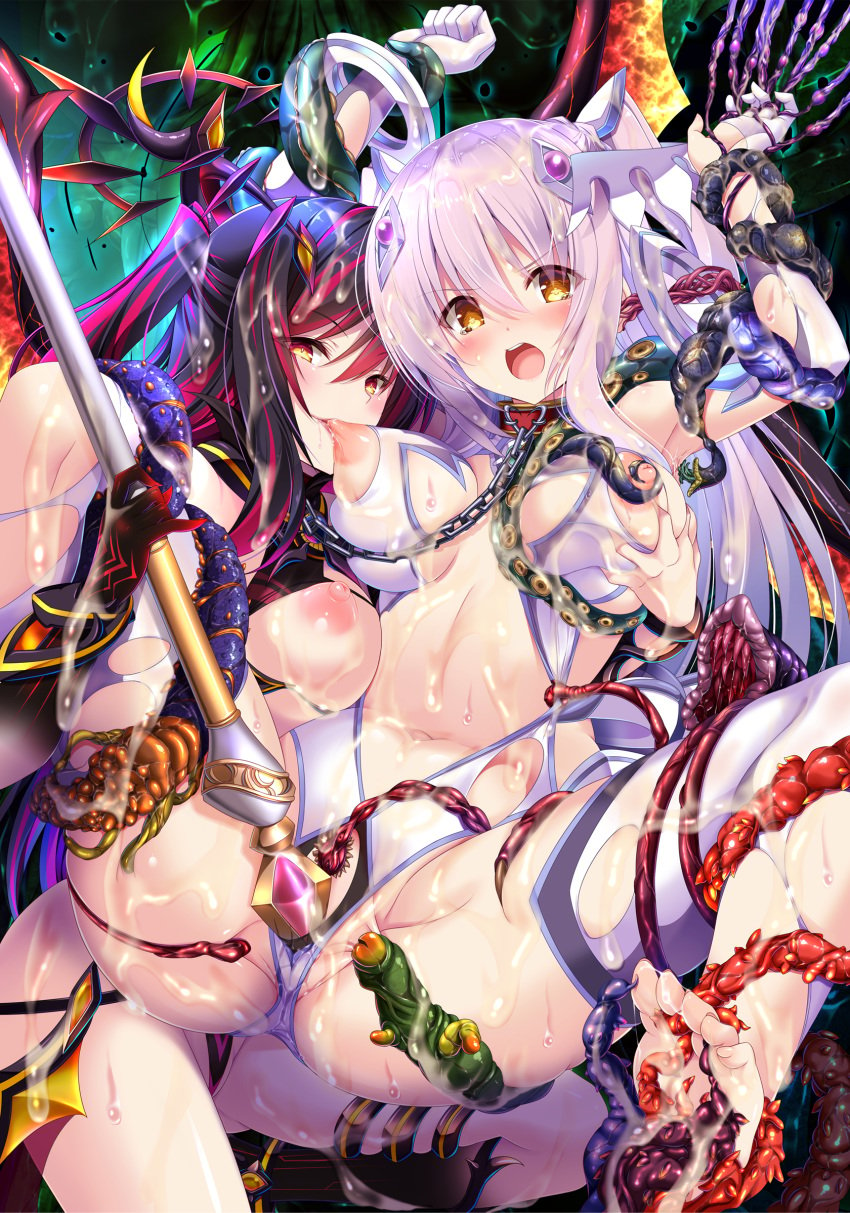 bondage breast_grab breast_sucking breasts chikubi_(artist) cum kanzaki_noel nipples no_bra nopan pussy_juice see_through seikou_tenshi_noel_akuma_no_kokuin_to_mugen_ingoku tentacle thighhighs torn_clothes weapon yuri zion