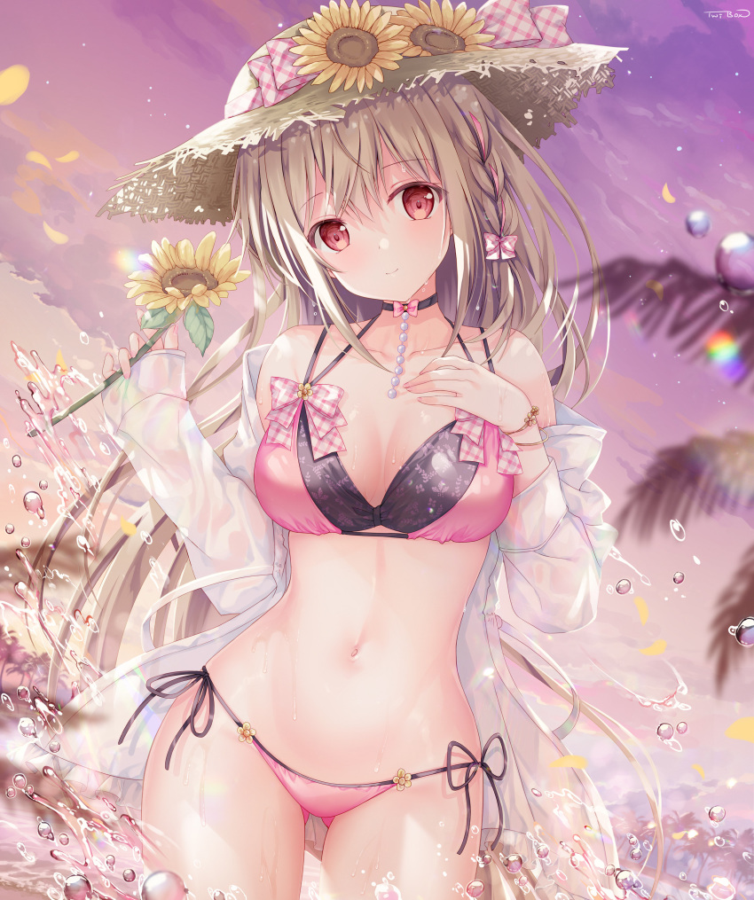 1girl bare_shoulders bikini black_choker blonde_hair braid breasts brown_hat choker cowboy_shot flower halterneck hand_on_own_chest hand_up hat hat_flower holding jacket large_breasts long_hair looking_at_viewer maeda_shiori multi-strapped_bikini_top multicolored_bikini navel off_shoulder open_clothes open_jacket original outdoors pink_bikini red_eyes solo sousouman stomach straw_hat string_bikini sunflower sunset swimsuit twinbox_school two-tone_bikini water wet white_jacket