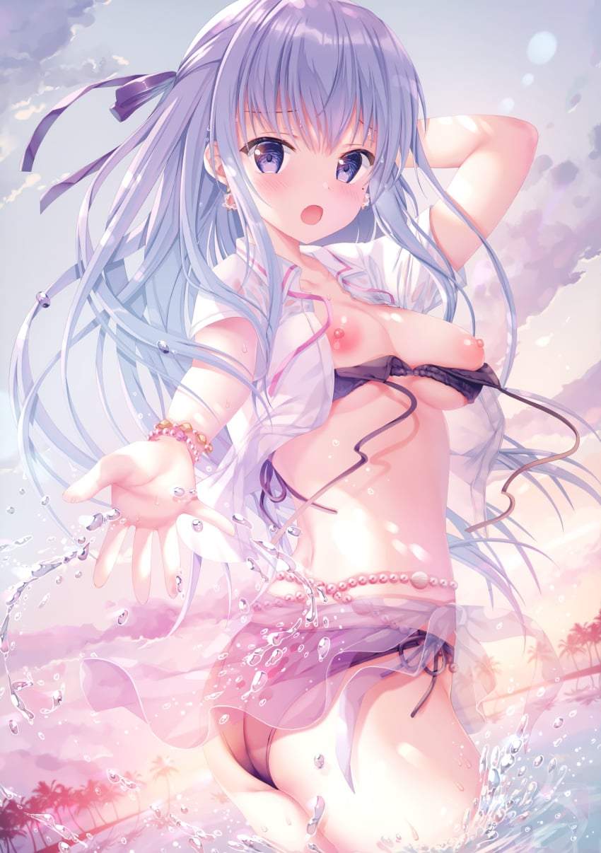 1girl areolae arm_up ass beach bikini black_bikini blue_hair blush bracelet breasts breasts_out cleavage cloud collarbone earrings hair_ribbon hand_in_own_hair highres hiiragi_asuka_(twinbox) jewelry long_hair looking_at_viewer medium_breasts mole mole_under_eye nipples open_clothes open_mouth open_shirt outdoors outstretched_arm palm_tree purple_eyes ribbon sarong see-through_clothes shiny_skin shirt short_sleeves side-tie_bikini_bottom sidelocks sky solo sousouman splashing standing sunset swimsuit thighs tree twinbox_school wardrobe_malfunction water water_drop wet white_shirt