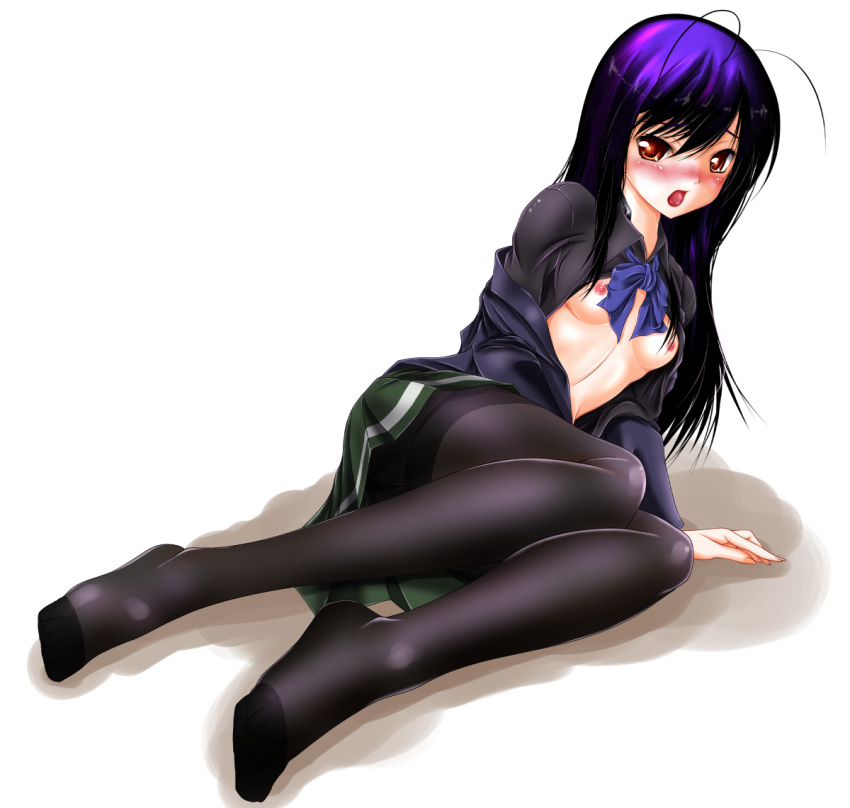 accel_world ahoge arita_haruyuki black_hair black_legwear blush bow breasts female kuroyukihime long_hair looking_at_viewer lying nipples no_bra no_shoes on_side open_clothes open_mouth open_shirt pantyhose purple_hair red_eyes sakurajousui_neko school_uniform shirt skirt small_breasts solo thighband_pantyhose white_background