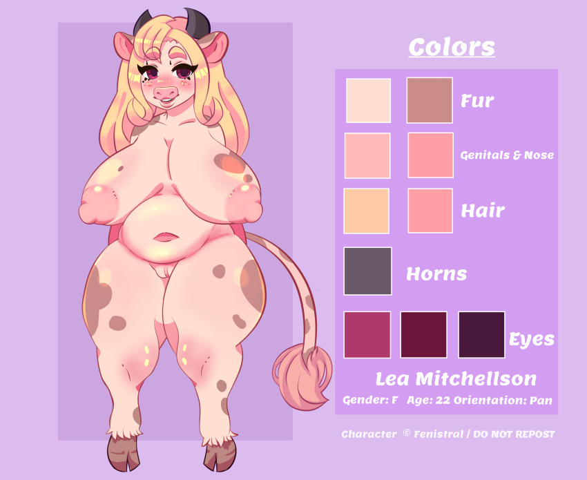 anthro big_breasts bovid bovine breasts cattle female fur heart hi_res lea_(nsfwfenistral) mammal milkiipetals nipples nude pussy simple_background smile solo thick_thighs