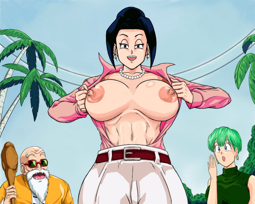 big_breasts big_nipples breasts bulma_briefs bush chichi chichi_(post_majin_buu_saga) dragon_ball dragon_ball_z ero-kami exhibitionism female flashing male master_roshi milf open_shirt shirt_removed shounen_jump surprised surprised_expression tearing_clothes trees