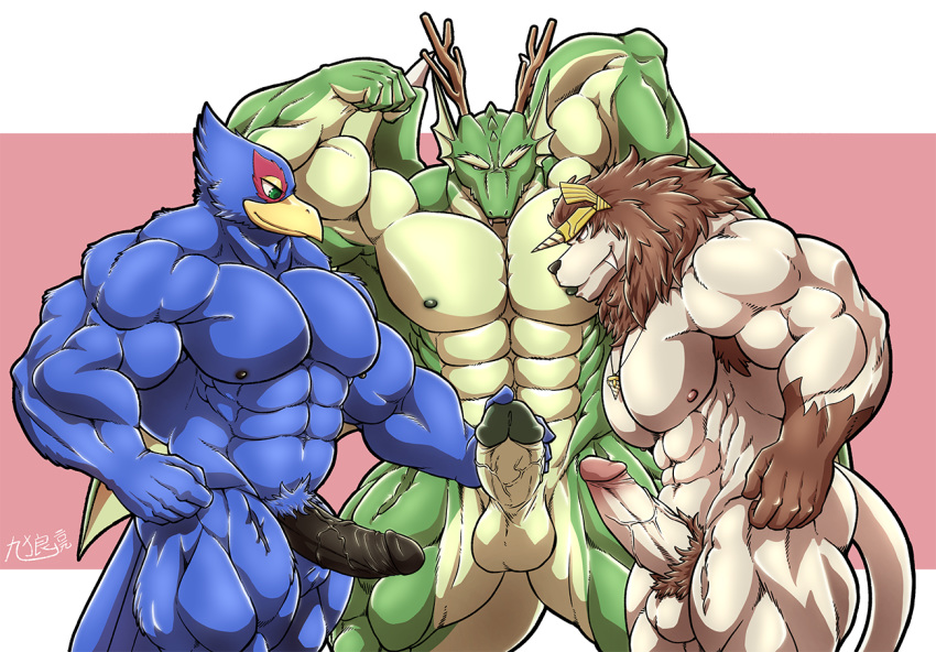 2019 3boys 5_fingers anthro anthro_only bandai bara bird black_nipples black_penis blue_feathers brown_eyes brown_fur brown_horn brown_horns buff collar digimon dorulumon dragon erection falco_lombardi flexing furry furry_only gay green_body green_eyes horn horns male male_only mammal mammal_humanoid muscles muscular muscular_male nintendo nipples no_humans nude nude_male original_character pink_background smile smiley_face smiling star_fox tail white_fur wolfoxokamichan yellow_horn