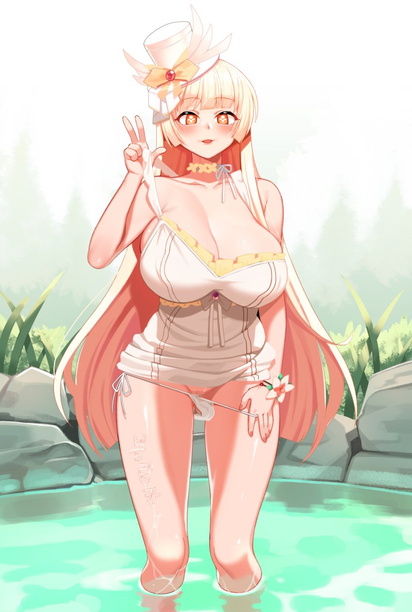 0.8 absurdres bangs bare_shoulders blonde_hair blush breasts censored choker cleavage dress dress_lift elsword female hat highres huge_breasts long_hair looking_at_viewer mosaic_censoring open_mouth orange_eyes panties panty_pull smile solo standing strap_pull symbol-shaped_pupils underwear v water white_dress white_panties wristband