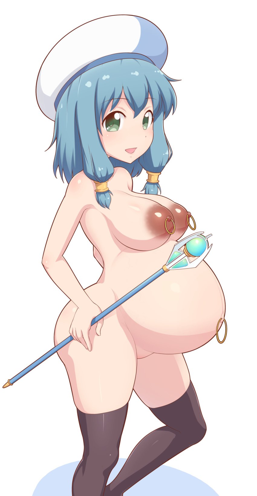 aka8mori akai_(riaakai) areolae black_legwear blue_eyes blue_hair blush breasts dark_nipples endro! eyebrows_visible_through_hair female groin hat highres large_areolae large_breasts looking_at_viewer looking_to_the_side meiza_endust navel navel_piercing nipple_piercing nipples nude open_mouth piercing pregnant ready_to_pop sagging_breasts shadow shiny shiny_hair shiny_skin short_hair simple_background solo staff standing thighhighs white_background