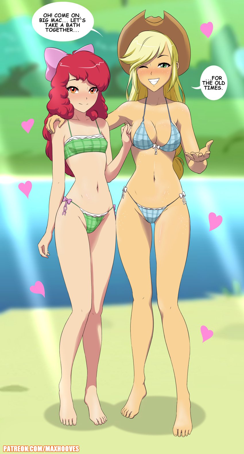 2girls apple_bloom_(mlp) applejack_(mlp) barefoot beach bikini blonde_hair blush breasts busty cleavage clothed clothed_female english english_text equestria_girls feet female female_focus female_only friendship_is_magic hair_ribbon hasbro hat heart human human_only humanized humanoid humanoid_feet implied_incest incest long_hair looking_at_viewer multiple_girls my_little_pony my_little_pony_friendship_is_magic navel orange_body orange_skin outside patreon photo rambon7 red_hair sisters skimpy_bikini small_breasts smile smooth_skin soles speech_bubble standing swimsuit teeth text toes wink yellow_eyes