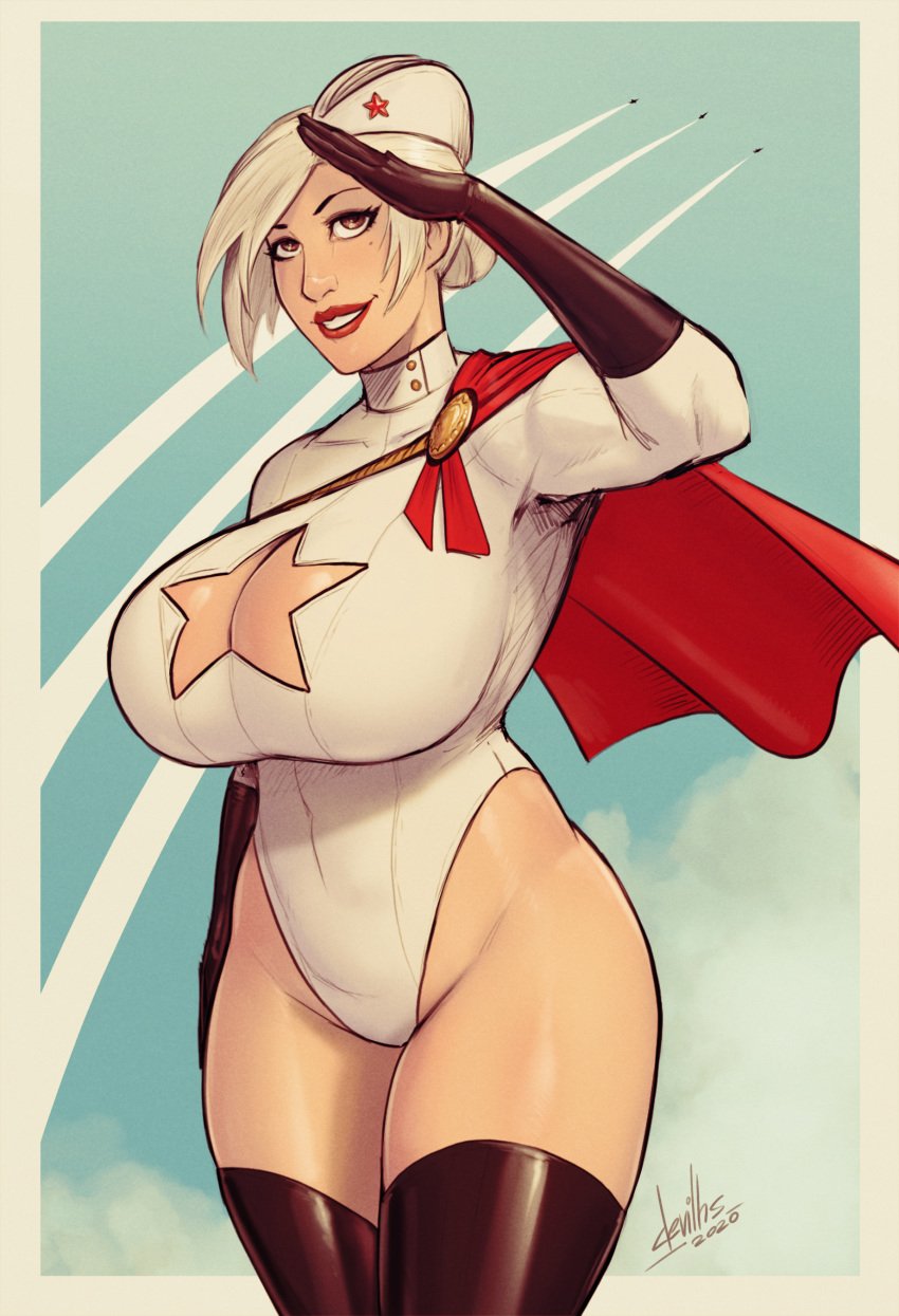 1girls big_breasts breasts cleavage cleavage_cutout dc dc_comics devil_hs female female_only huge_breasts karen_starr looking_at_viewer power_girl solo thick_thighs thighhighs wide_hips