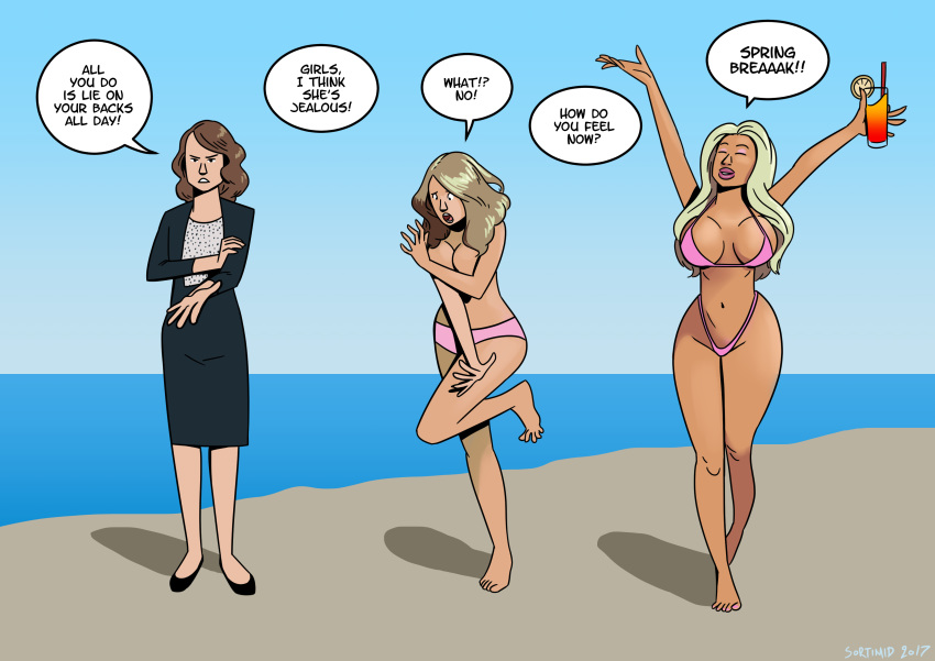 2017 absurd_res absurdres arms_crossed beach bikini bimbo bimbofication blonde_hair breast_expansion brown_hair cleavage closed_eyes commission dialogue digital_media_(artwork) erect_nipples female female_only high_resolution highres human human_only lawyer navel ocean office_lady original sand sequence skirt sortimid speech_bubble suit tan tan_skin transformation