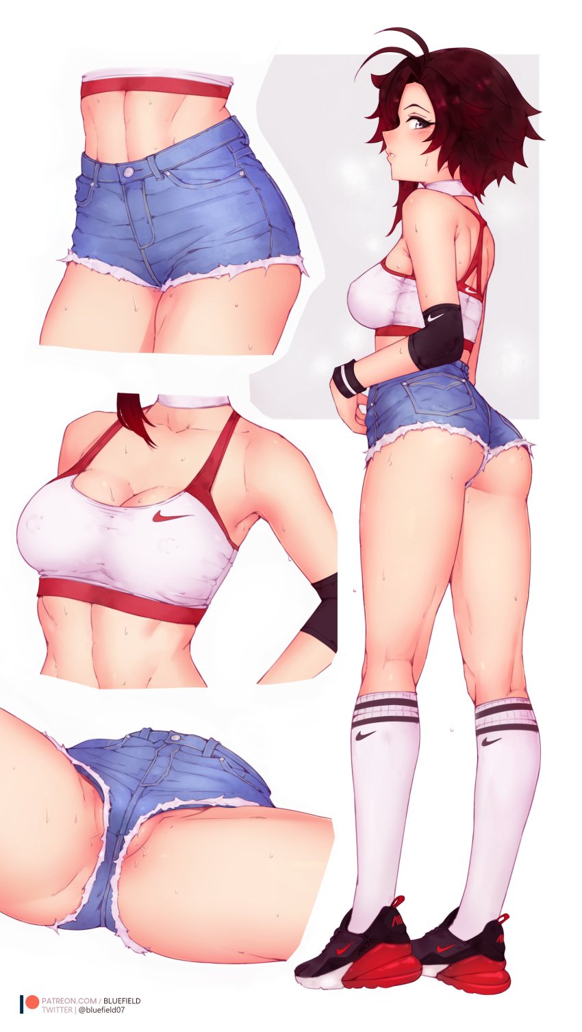 1girls absurdres ass bluefield breasts choker cleavage female female_only gym_uniform highres horny jean_shorts kneehighs kneesocks looking_at_viewer looking_back nike perfect_legs pussy_lips ruby_rose rwby short_shorts sneakers solo sports_bra spread_legs sweat toned toned_female