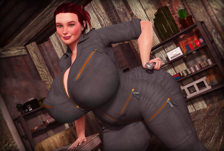 1girls 3d big_ass big_breasts blush chubby fallout fallout_3 female female_only freckles green_eyes huge_ass huge_breasts jumpsuit moira_brown non-canonical_size overweight overweight_female rasmus-the-owl red_hair redhead solo solo_female thick_thighs wide_hips wrench