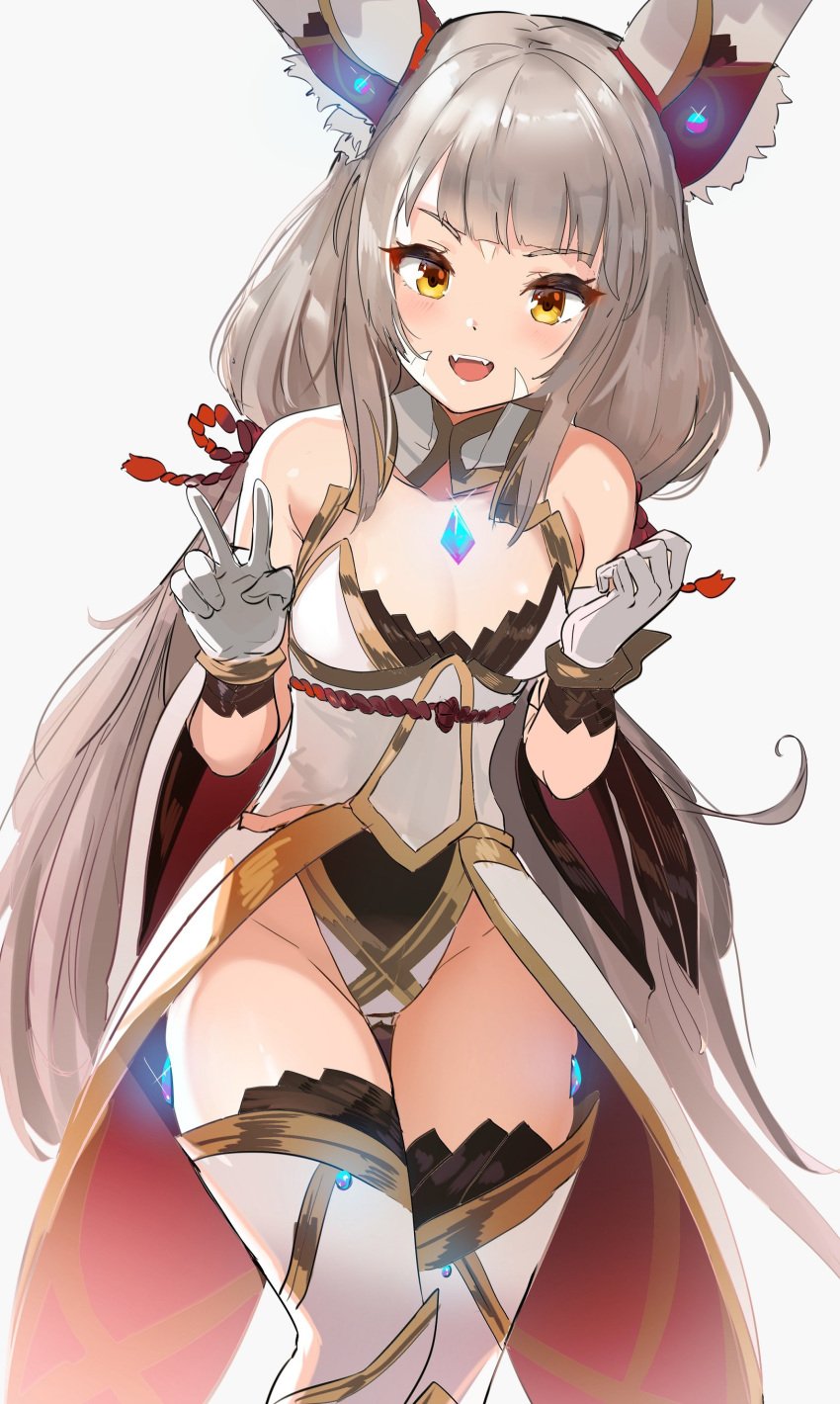 1girls absurdres animal_ears bangs bare_shoulders blunt_bangs blush breasts cat_ears cleavage coattails fangs female gem gloves glowing grey_hair highleg highleg_leotard highres leotard long_hair looking_at_viewer low_twintails medium_breasts nia nia_(blade) nia_(xenoblade) nintendo open_mouth ormille simple_background smile solo spoilers thighhighs twintails v very_long_hair white_background white_gloves white_legwear white_leotard xenoblade_(series) xenoblade_chronicles_2 yellow_eyes