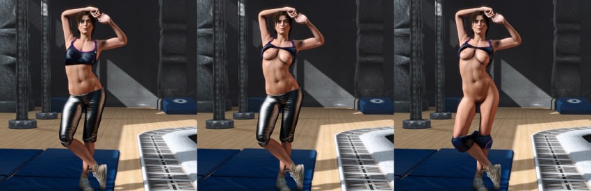 3d abs areolae armpits arms_up athletic bare_calves bare_midriff bare_shoulders breasts breasts_out brown_eyes brown_hair busty calves eyeliner female female_focus female_only gym hourglass_figure lara_croft lara_croft_(survivor) long_hair medium_breasts mrsmugbastard nipples pants_down pinup ponytail pose posing pussy shaved_pussy shirt_lift sneakers solo sports_bra sportswear standing tagme tied_hair tomb_raider tomb_raider_(survivor) toned toned_female undressed undressing vagina wide_hips yoga_pants