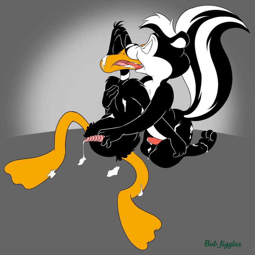 2019 anatid animal_genitalia anseriform anthro avian bird bob-jiggles bodily_fluids cum daffy_duck duck duo french_kissing genital_fluids kissing looney_tunes male male/male mammal masturbation mephitid nude open_mouth penis pepe_le_pew rodent saliva simple_background skunk snowballing soft_feathers tongue warner_brothers