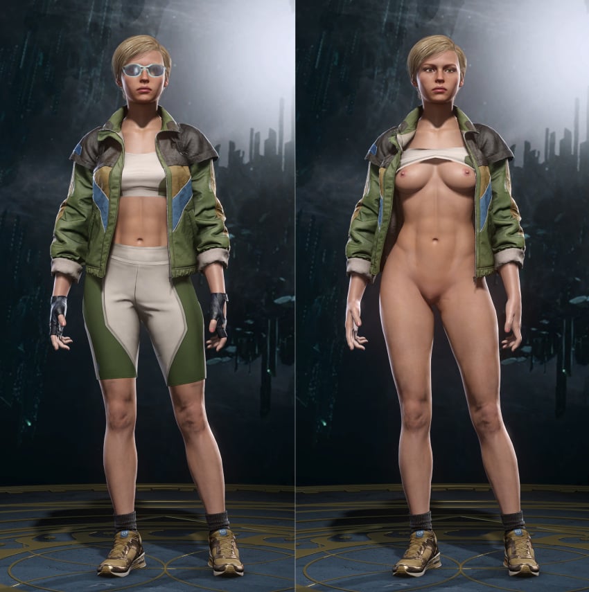 3d abs areolae bare_midriff biceps blonde_hair blue_eyes breasts busty cassie_cage eyelashes eyeliner female female_focus female_only hourglass_figure medium_breasts military mortal_kombat mortal_kombat_11 mrsmugbastard muscles muscular muscular_female navel nipples pinup pose posing shirt_lift short_hair short_shorts shorts_down solo sport sports_bra sportswear standing sunglasses tagme tinted_eyewear toned toned_female wide_hips