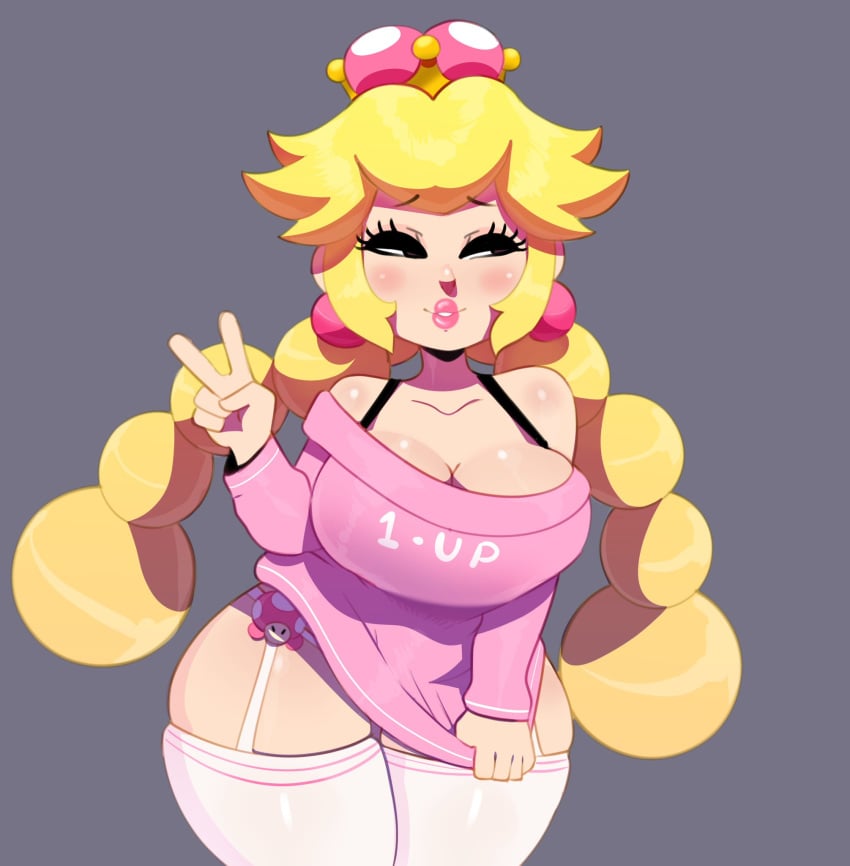 1girls 1up bare_shoulders big_breasts blonde_hair blush bra_strap breasts cleavage crown curvy eyebrows_visible_through_hair eyeliner female female_only grey_eyes half-closed_eyes lingerie lips lipstick long_sleeves looking_to_the_side mario_(series) new_super_mario_bros._u_deluxe nintendo peace_sign peachette pigtails pink_sweater smile solo somescrub stockings super_crown sweater teeth thick thick_thighs thighhighs thighs toadette v wide_hips