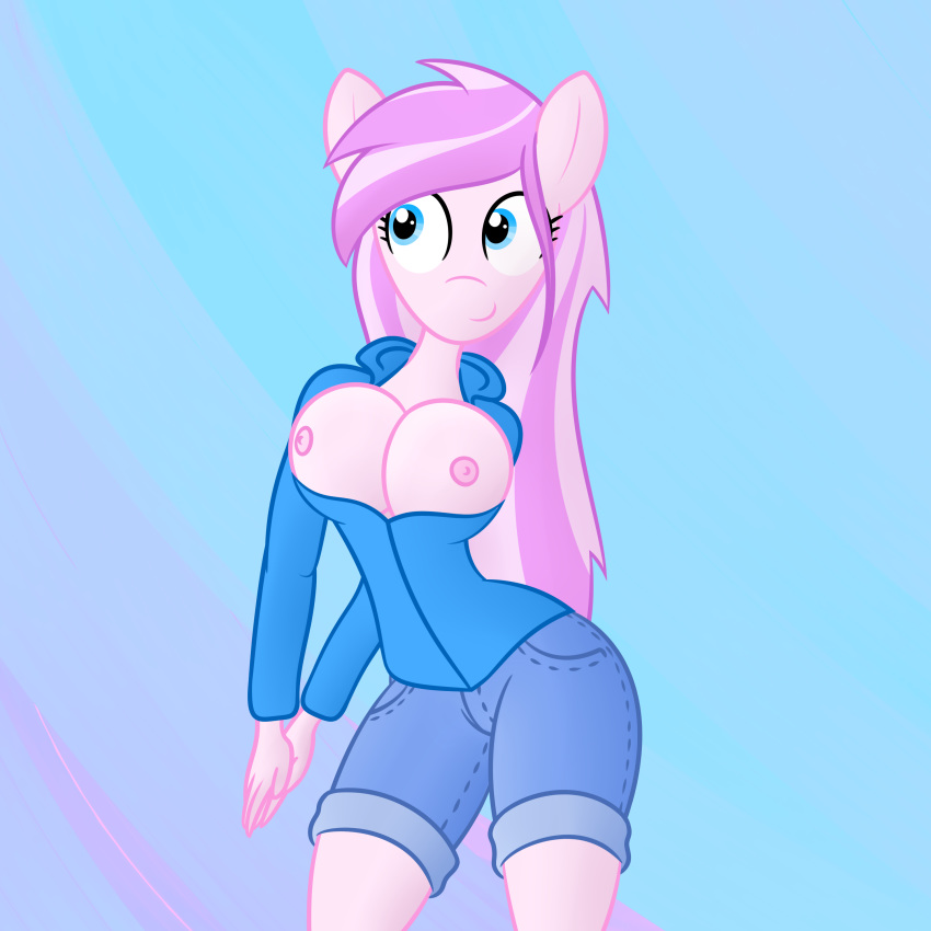 anthro big_breasts bottomwear breasts cherry_bloom clothing digital_media_(artwork) equid equine female hair hi_res hoodie horse huge_breasts mammal nipples pony shorts simple_background smile solo topwear yenchey