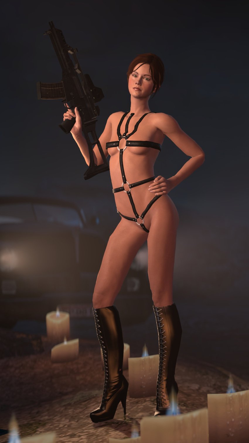 3d action_pose assault_rifle bare_legs bare_shoulders bdsm_gear bondage boots breasts busty car eyelashes eyeliner female female_focus female_only freckles full_body green_eyes gun harness high_heel_boots hitman hitman_absolution long_hair mrsmugbastard naked_boots naked_footwear night nude ponytail pose posing realistic red_hair slim small_breasts solo standing straight_hair tagme thigh_high_boots tied_hair victoria_burnwood wedgie