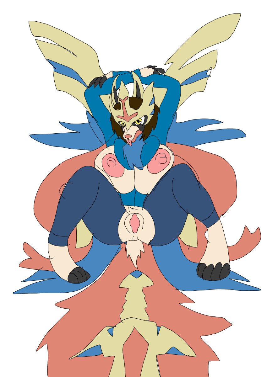 1girls anthro axelo big_breasts big_pussy big_tail blue_clothing blue_fur blue_jacket blue_jeans breasts brown_hair crown ejaculation female female_ejaculation female_only hero_of_many_battles_zacian looking_at_viewer male_to_female mtf_crossgender mtf_transformation nintendo playing_with_self pokemon pokemon_ss pussy red_fur sword tongue_out white_fur wings wolf yellow_eyes yellow_fur zacian