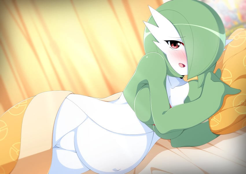 1girls 2019 3_fingers anthro anthrofied bed bedroom big_belly breasts cute eye_contact female gardevoir hair_over_one_eye half-closed_eyes iryanic looking_at_viewer nintendo on_side pokemon pokemon_(species) pokemon_rse pregnant pussy ready_to_pop short_hair source_request text thick_thighs watermark wide_hips