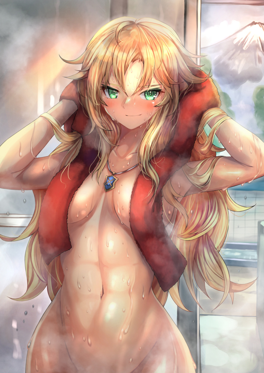 abs bangs bath blonde_hair blush breasts censored clavicle closed_mouth convenient_censoring fate/apocrypha fate/grand_order fate_(series) female female_only female_solo green_eyes hands_in_hair high_resolution jewelry long_hair looking_at_viewer medium_breasts messy_hair midriff mordred_(fate) muscle navel necklace nude ohako_(ohako1818) parted_bangs pixiv_id_10847941 smile solo steam toned towel wet