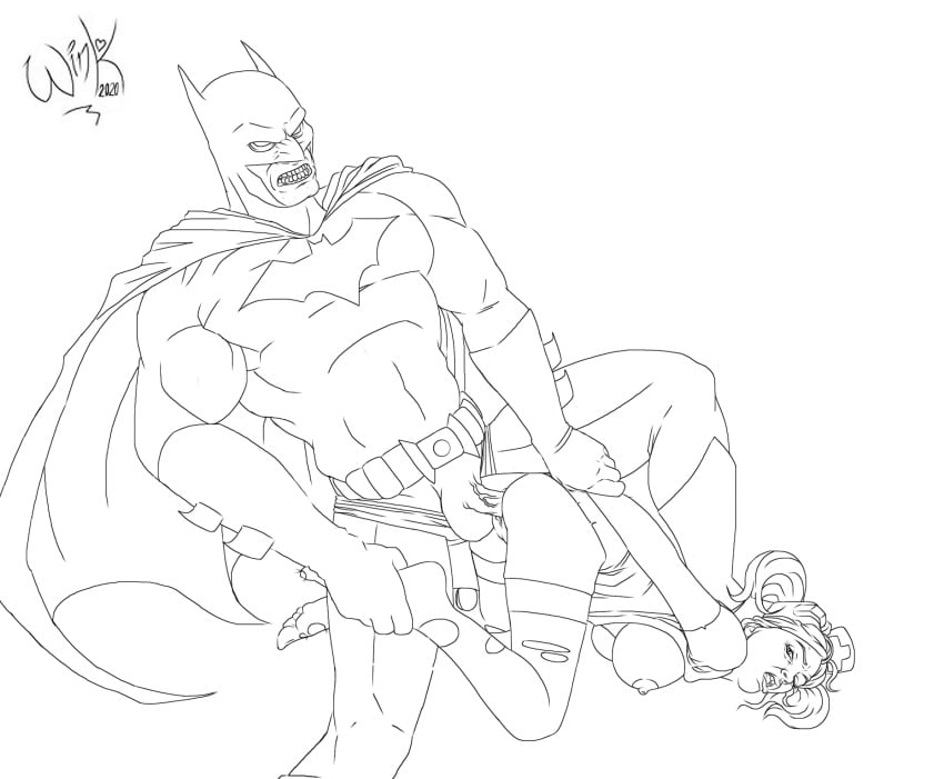 1boy 1girls 2020 batman batman_(series) big_breasts boots breasts cape dc dc_comics doggy_style exposed_ass exposed_breasts female force harley_quinn line_art male monochrome nipples nurse_hat nurse_uniform penis pinned_down rape rough_sex sex short_skirt thewink uncensored