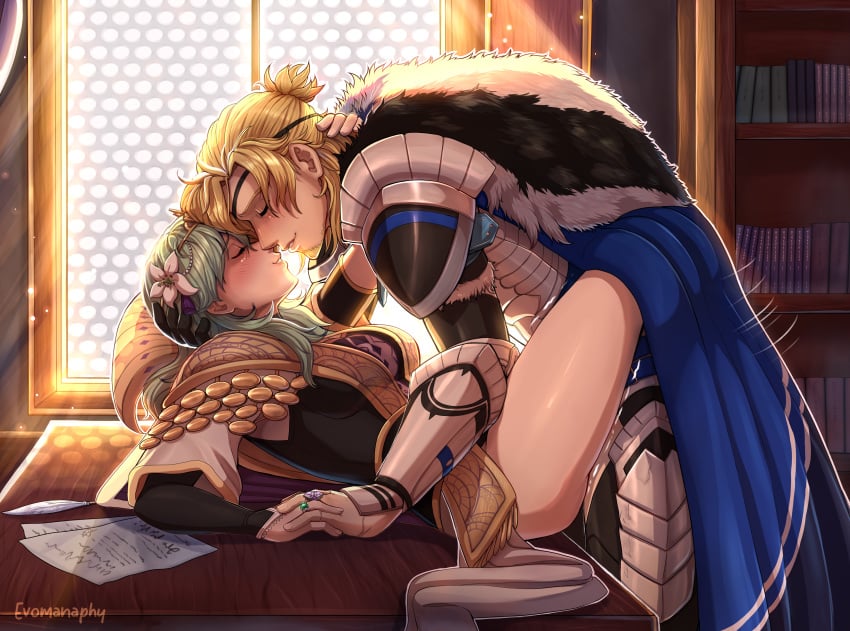 1boy 1girls armor blonde_hair blush byleth_(fire_emblem) byleth_(fire_emblem)_(female) closed_eyes clothed_sex dimitri_alexandre_blaiddyd enlightened_byleth_(female) evomanaphy eye_patch facial_hair female fire_emblem fire_emblem:_three_houses green_hair hand_holding human husband_and_wife kissing legs love male missionary_position nintendo post-timeskip sex straight