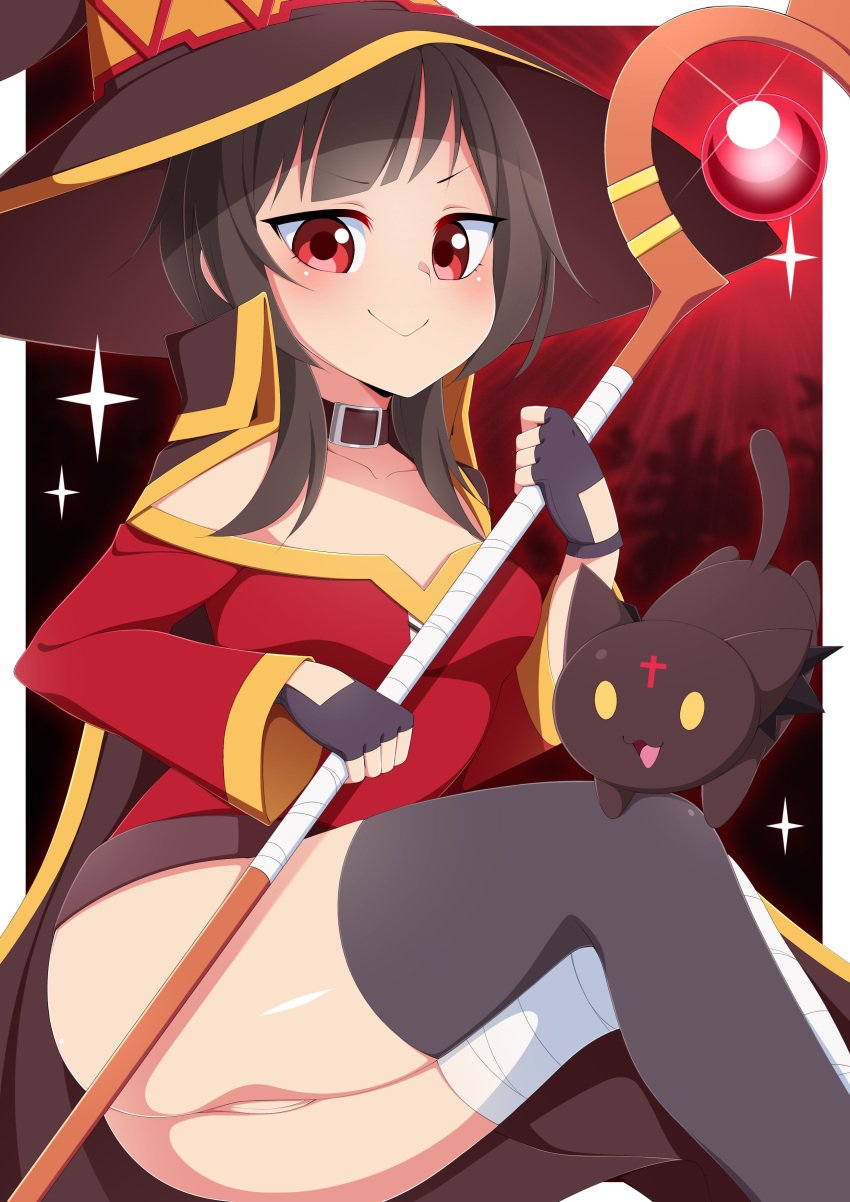 2019 :3 ass black_hair feline female female_only gloves iryanic kono_subarashii_sekai_ni_shukufuku_wo! looking_at_viewer megumin partially_clothed pussy red_eyes staff thighhighs witch_hat