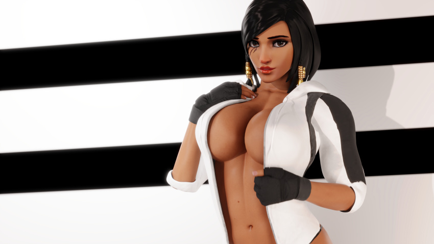 2020 3d abs adeptusinfinitus big_breasts black_hair breasts brown_eyes cleavage dark-skinned_female dark_skin female female_only fingerless_gloves fit gloves highres looking_at_viewer overwatch pharah red_lipstick solo solo_female thong underboob underwear