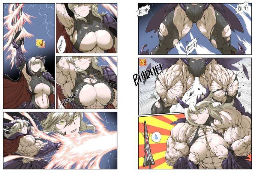 artoria_pendragon artoria_pendragon_(lancer_alter) blonde_hair breasts co-opvillain comic dark_persona extreme_muscles fate/grand_order fate_(series) female female_only flexing large_breasts muscle_growth muscular_female pose rhongomyniad smile solo sweatdrop torn_clothes veins yellow_eyes