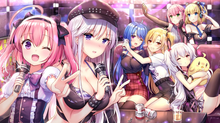 7girls azur_lane beer beer_cans blonde_hair blue_hair blush breasts cans cap cat_headphones cleavage cleveland_(azur_lane) clothed clothing drinking_glass eagle_union_(azur_lane) enterprise_(azur_lane) green_eyes hat headband headphones helena_(azur_lane) huge_breasts indoors karaoke karaoke_room laffey_(azur_lane) light-skinned_female light_skin memphis_(azur_lane) microphone nose_blush pink_hair purple_eyes red_eyes richmond_(azur_lane) room saratoga_(azur_lane) silveroid_(silver15) sofa table white_hair