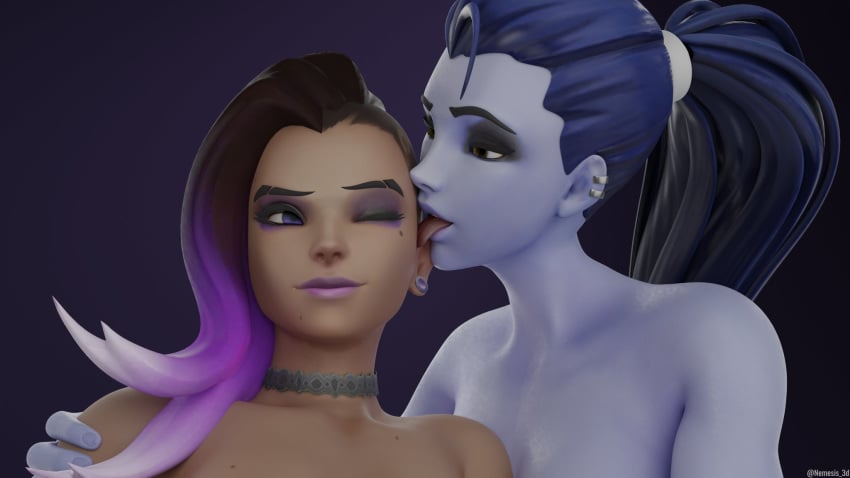 2girls 3d amelie_lacroix blizzard_entertainment brown_skin choker dark_skin ear_piercing earrings face_lick face_licking female female_only latina lesbian licking mole_under_eye nemesis_3d olivia_colomar one_eye_closed overwatch overwatch_2 ponytail purple_eyes purple_hair purple_lipstick purple_skin seductive shaved_side sombra tagme tongue_out widowmaker yellow_eyes yuri