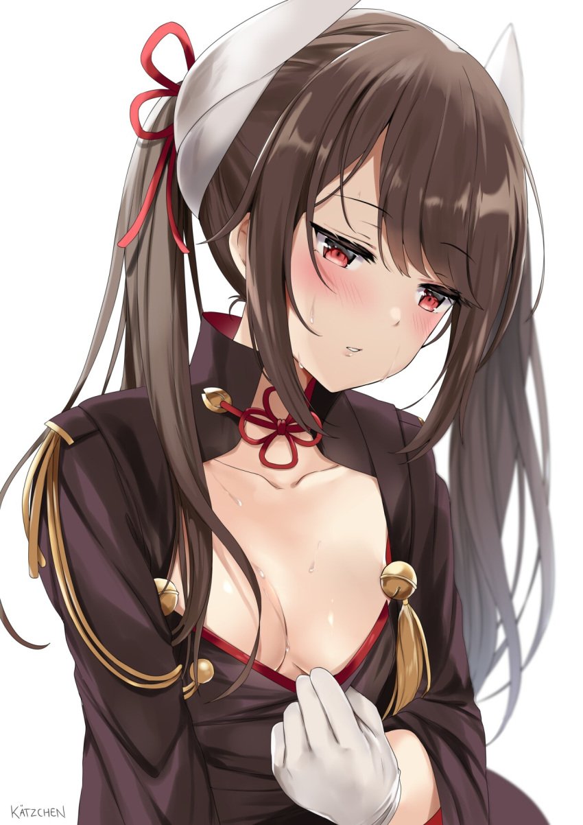 1girls azur_lane blush boobs brown_hair clothed eyebrows_visible_through_hair female_only flashing flashing_breasts flat_chest flat_chested gloves hair haruna_(azur_lane) kaetzchen light-skinned_female light_skin red_eyes red_ribbon ribbon sakura_empire_(azur_lane) showing_breasts sweat sweatdrop tits uncomfortable white_gloves