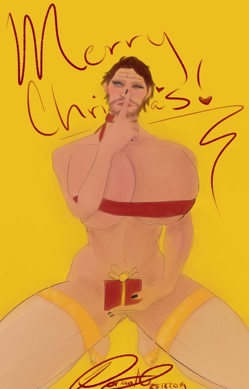 1boy bottomless breasts christmas cleavage crossdressing death_stranding erect_nipples fake_breasts hidden_penis higgs_(death_stranding) himbo hyper hyper_breasts male male_only manly_crossdresser nipple_bulge nipples solo solo_male suraimuvii trap